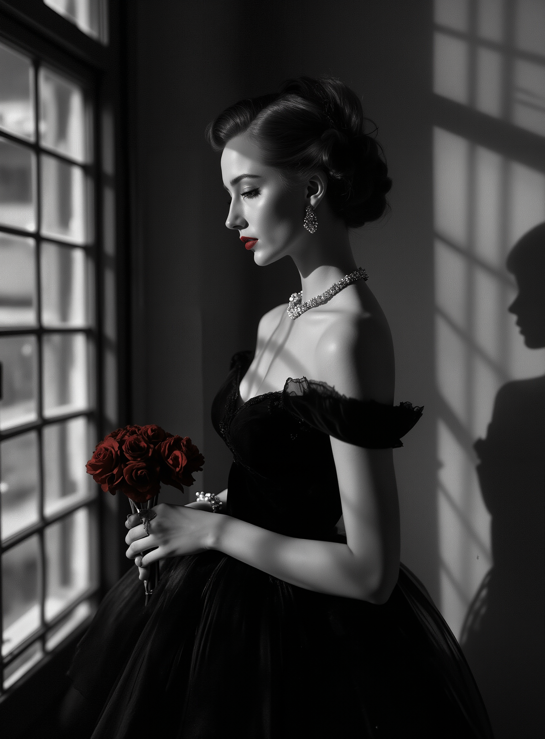 Film noir style beautiful woman, 1950's, elegantly posing, in front of window, red rose, intricate . Monochrome, high contrast, dramatic shadows, 1950s style, mysterious, cinematic