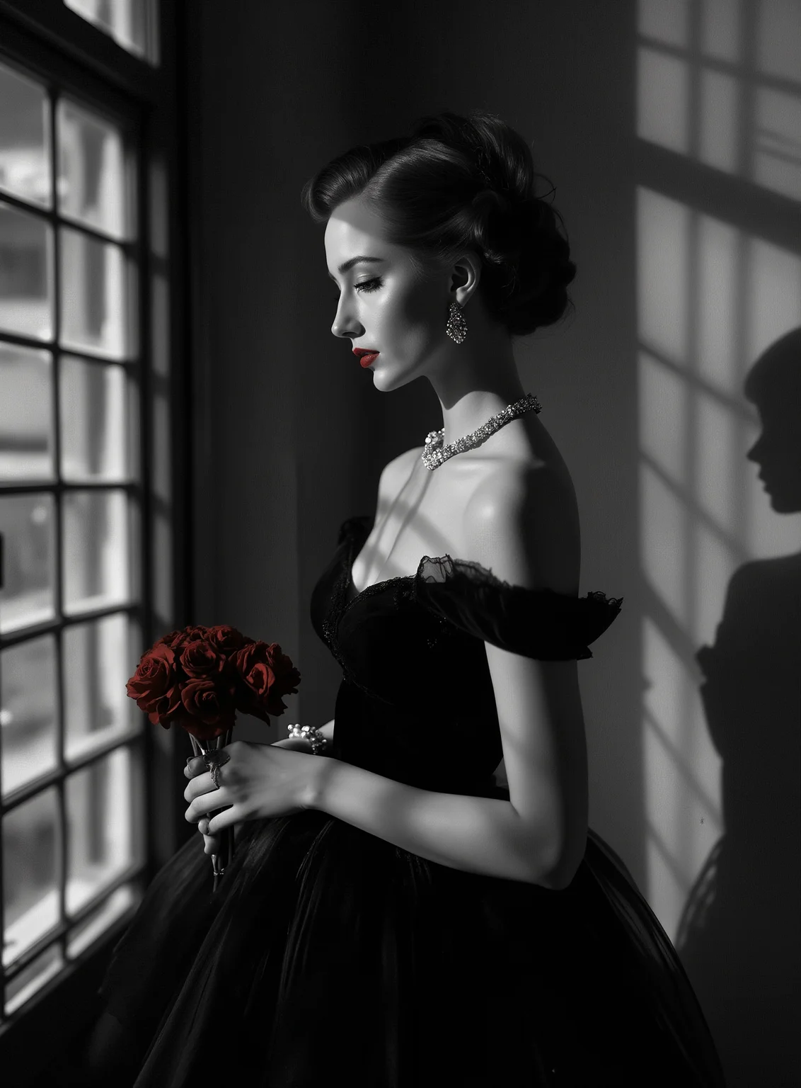 Film noir style beautiful woman, 1950's, elegantly posing, in front of window, red rose, intricate . Monochrome, high contrast, dramatic shadows, 1950s style, mysterious, cinematic
