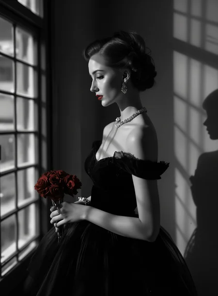Film noir style beautiful woman, 1950's, elegantly posing, in front of window, red rose, intricate . Monochrome, high contrast, dramatic shadows, 1950s style, mysterious, cinematic