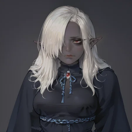 score_9, score_8_up, score_7, score_6, score_5, Score_4, rating_safe,
1girl, solo, female, (dark elf),drow, mature female, motherly, mommy,
(((black skin))), (Midnight skin), ((dark skin)), (skindentation),
long hair, (white hair), ((hair over one eye)), (blunt bangs), red eyes,
seductive eyes,
thick lips,closed mouth, prideful aroused, horny, ((tired)), (sad), (bags under eyes), (annoyed),
((medium breasts)),
robes,
standing, default pose,
blank background, empty background,
arms behind back,
((headshot)), (portrait),
<lora:Vanillaware_all_in_one_PonyXL_style_v01:0.4>, <lora:Turtle.Fish.Paint_Hirame_Sensei_Assorted_Doujins_Art_Style_Blend_PonyXL:0.6>, <lora:style_nijiserenepastel:0.3> style, <lora:Syvaron:0.2>, <lora:ratatatat74_mr.skulls_MY_HERO_HAREM_Doujin_Artstyle_PonyXL:1> <lora:ra_xl_v2:0.6>
<lora:ntl_pdxl:0.5> ntl_style <lora:Drow_Female_-_Sinue:0.5>