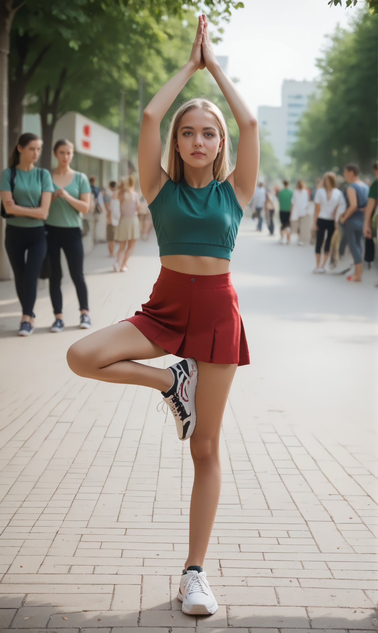 score_9, score_8_up, score_7_up,  doyotr, (slim 25yo girl) in red short skirt and green shirt and (sneakers) doing yoga tree
at a (crowded pedestrian area).  long blonde hair 
 <lora:YogaTreePony-000012:.8>