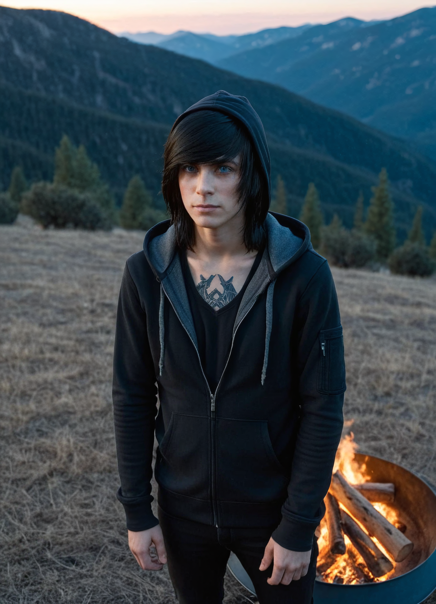 1boy, sceneboy, camping in the mountains at night, deep vneck shirt, black jeans, black unzipped hoodie jacket, hood up, swept bangs, long black hair, blue eyes, chest tattoo, portrait, cinematic, shot on film, film grain, canon 35mm, moody lighting,sunset, dusk, golden hour, backlight, pink and orange clouds, bonfire in the background, 
 <lora:sceneboys-000007:1.0000000000000002>