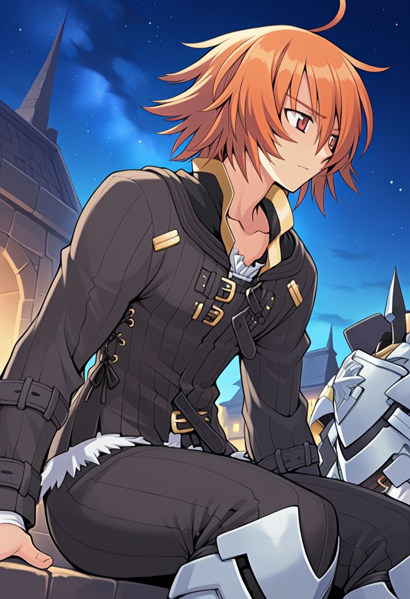 (masterpiece, best quality, newest, absurdres, highres),
outdoors, starry sky, night sky, sitting, looking to the side, 
1boy, orange hair, red eyes, 
leon (summon night), night costume, popped collar, collarbone, black belt, multiple belts, arm belt, black pants, cross-laced clothes, black jacket, white shirt, gold trim, sleeves past wrists, 
armored boots,  long sleeves, 
black pants, ribbed pants, unworn armor, frilled shirt, 
 <lora:leon_(summon_night):1>