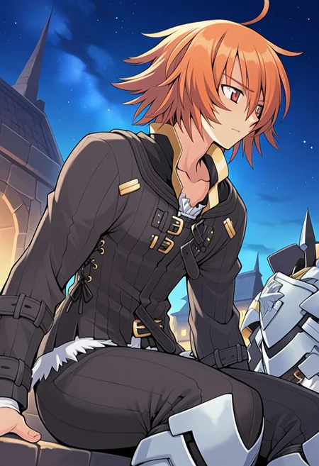 (masterpiece, best quality, newest, absurdres, highres),
outdoors, starry sky, night sky, sitting, looking to the side,
1boy, orange hair, red eyes,
leon (summon night), night costume, popped collar, collarbone, black belt, multiple belts, arm belt, black pants, cross-laced clothes, black jacket, white shirt, gold trim, sleeves past wrists,
armored boots, long sleeves,
black pants, ribbed pants, unworn armor, frilled shirt,
<lora:leon_(summon_night):1>