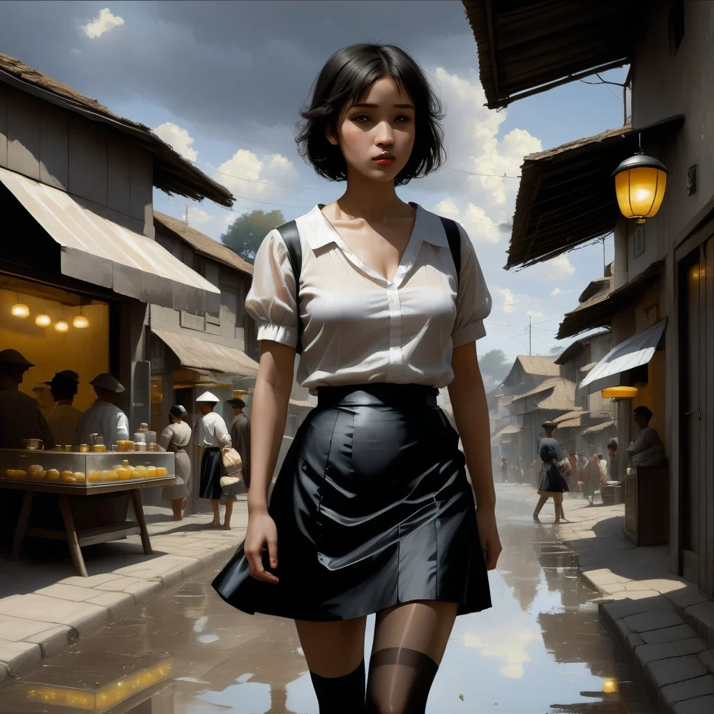 <lora:SDXL_MassiveCowsLoRA_v2E2:1> , (((classical oil painting))), ((Candid))), (((side view of short pretty Japanese girl standing provocatively outside tea-shop in crowded village))), (leaning), (faded loose summer-top), (tiny skirt), ((black fishnet tights)), ((very-short hair)), ((gelasin)), (dramatic sky), puddles, pimps, soldiers, Intricate textures, (high detailed skin:1.7),