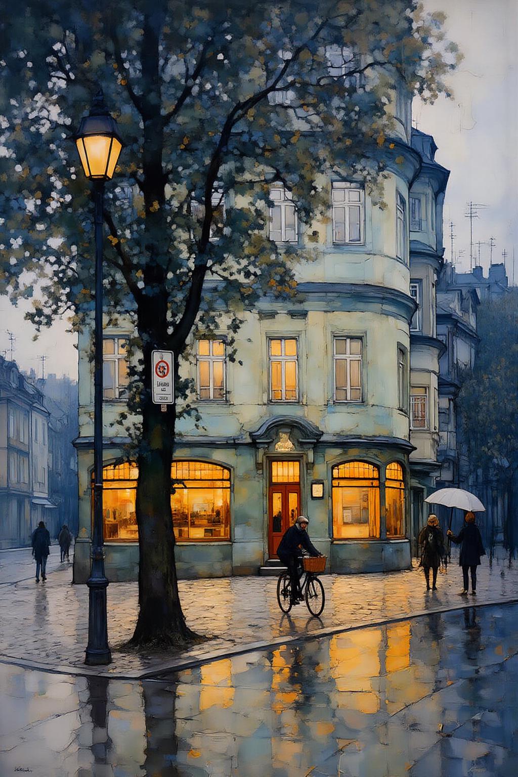 kaoruyamada1 painting.
A picturesque street scene in a European city. The focal point is a two-story building with large, arched windows that are illuminated from within. In the foreground, a cobblestone street reflects the light from the building's windows. On the right, a person is seen pushing a bicycle. Another person is visible on the right side, standing under an umbrella. A "No Parking" sign is attached to a tree on the left side. A street lamp stands beside the tree, with a person riding a bicycle beside it. <lora:kaoruyamada1_f16e9:1.0><lora:868865192690192013:0>
