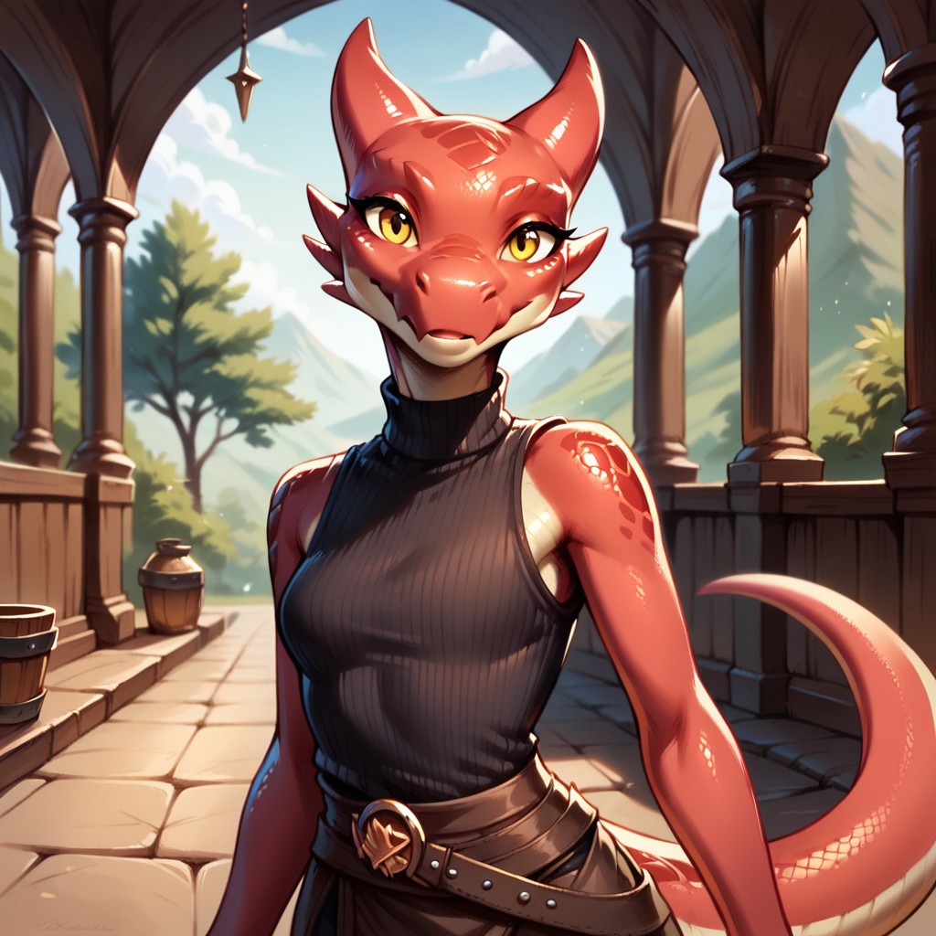 (((detailed, beautiful, high quality))), score_9, score_8_up, score_7_up, solo, 
kobold, furry dragon, tail, short stature,
1girl, female focus, red skin, yellow eyes, black sleeveless turtleneck, 
looking at the viewer,
fantasy background, blurred background,