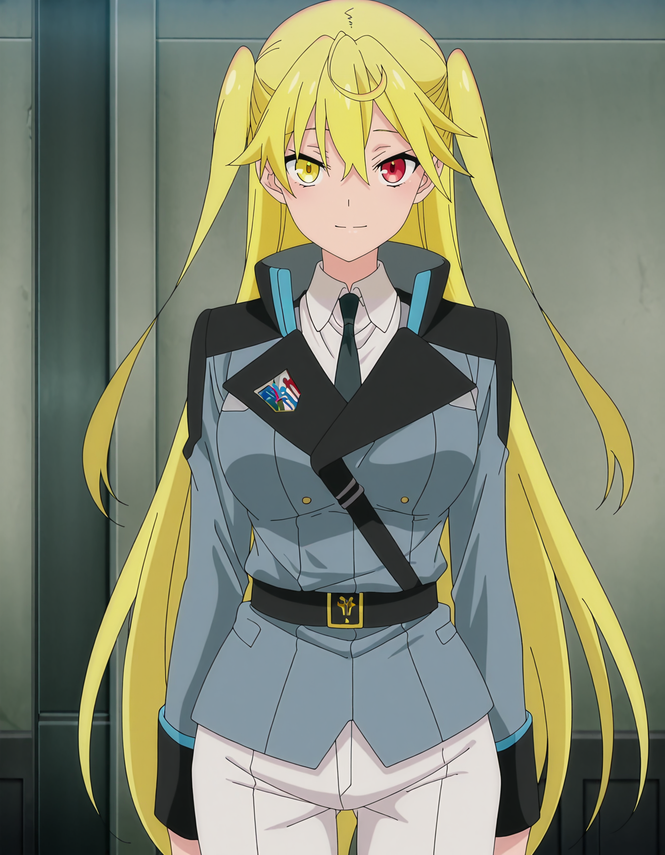 hizuki_reynard-yamada, two side up, heterochromia, yellow eyes, red eyes,military uniform, necktie, shirt, military, collared shirt, pants,white pants,light smile,1girl,masterpiece,best quality,amazing quality  <lora:hizuki_reynard-yamada-ILXL:0.9>, anime screencap,