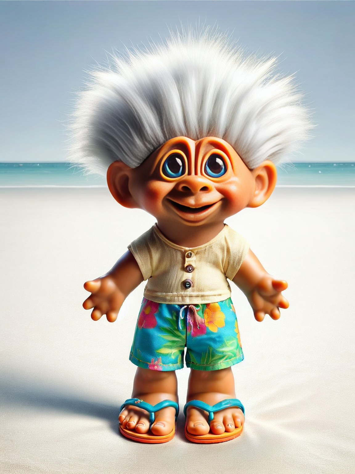 ais-trollz wearing flipflops, looking surprised, standing on a beach <lora:Trollz_2:1>