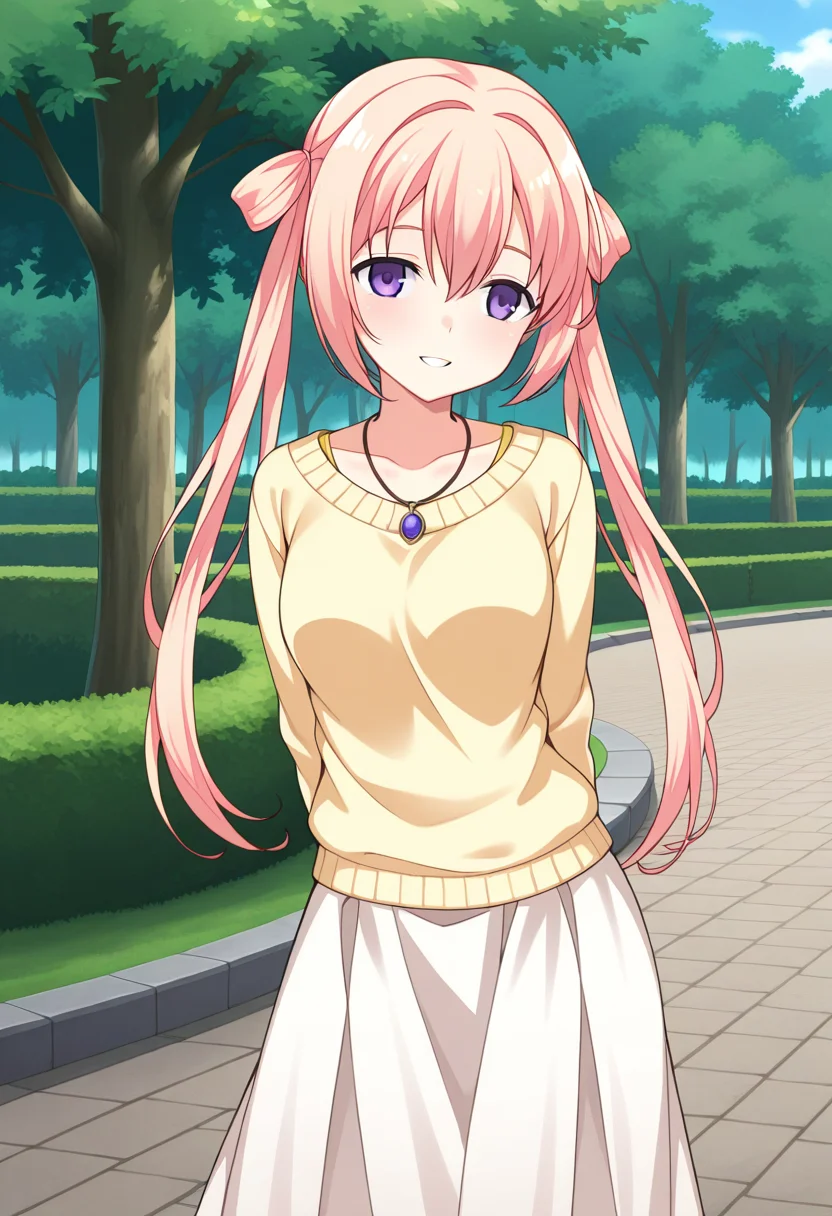 1girl, solo, fgmeiilus, pink hair, twintails, hair rings, purple eyes, yellow shirt, sweater, pendant, long skirt, outdoors, park, arms behind back, smile, parted lips, standing, cowboy shot,
