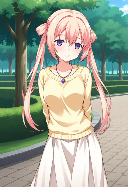 1girl, solo, fgmeiilus, pink hair, twintails, hair rings, purple eyes, yellow shirt, sweater, pendant, long skirt, outdoors, park, arms behind back, smile, parted lips, standing, cowboy shot,
