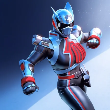 score_9, score_8_up, score_7_up
, masterpiece, beautiful, big breast, wide hips
,Spdshadowranger, black armored suit, red and silver accents, metallic chest armor, bold "100" design, angular shoulder pads, black gloves with red cuffs, black boots with silver knee guards, silver belt with red buckle, holster with weapon, animal-inspired helmet, glossy black helmet, silver helmet detailing, 1 female, action pose, battle pose,