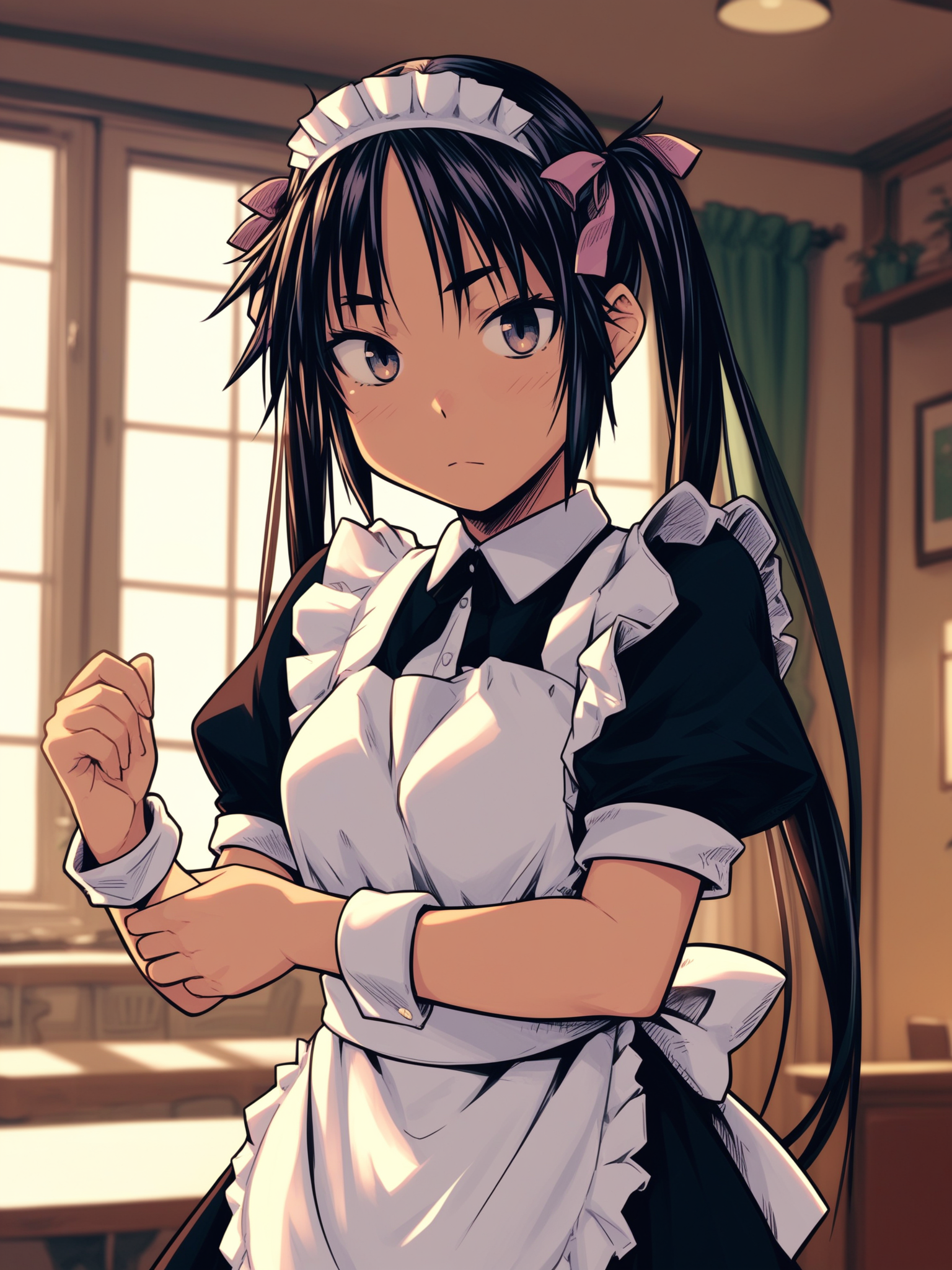 <lora:happy_tentacle-hinata-v0.1-000060:1>, ht_hinata, maid, maid headdress, thighhighs, twintails, apron, wrist cuffs , indoors 1girl, solo, upper body , , ( :1), , , standing , facing viewer , score_9, score_8_up, score_7_up, score_6_up, score_5_up, score_4_up