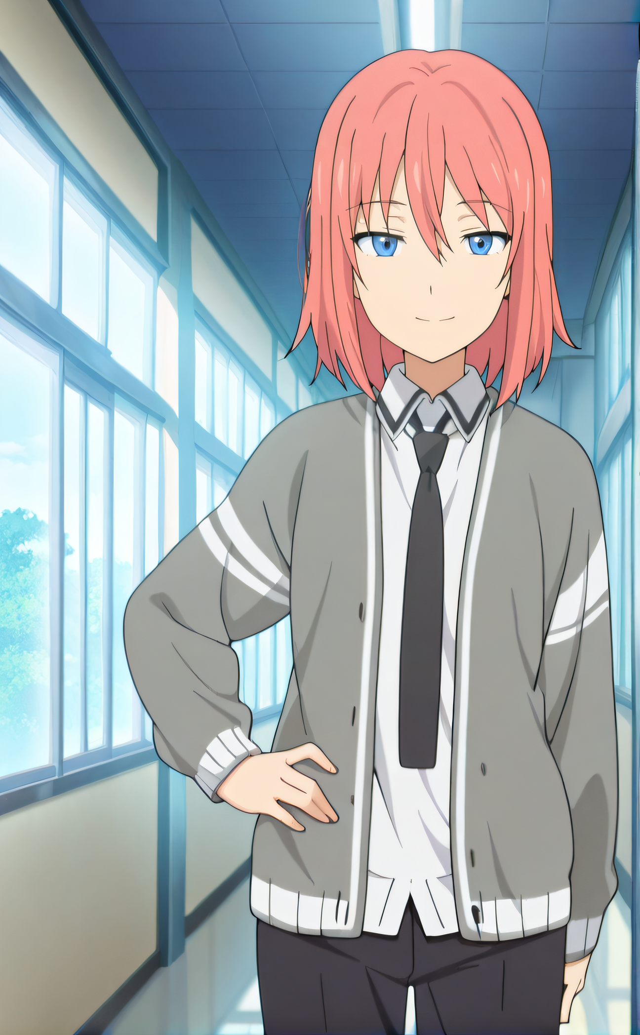 masterpiece, best quality, highres, newest, 1boy, solo, official style, anime screencap, <lora:IL_Minato:1>, hnpminato, pink hair, blue eyes, school uniform, black necktie, collared shirt, cardigan, black pants, hand on hip, looking at viewer, smile, expressionless, indoor, cowboy shot