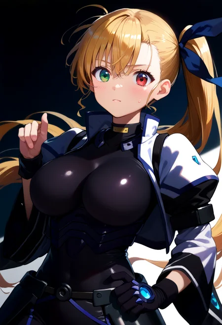 score_9, score_8_up, score_7_up, score_6_up, score_5_up, source_anime,
1girl, solo,
<lora:vivio:1> vivio, blonde hair, side ponytail, heterochromia, green eyes, red eyes, bodysuit, aged up, jacket,hair ribbon, blue ribbon
shiny skin, sweat, huge breasts, covered abs, white background, lighting