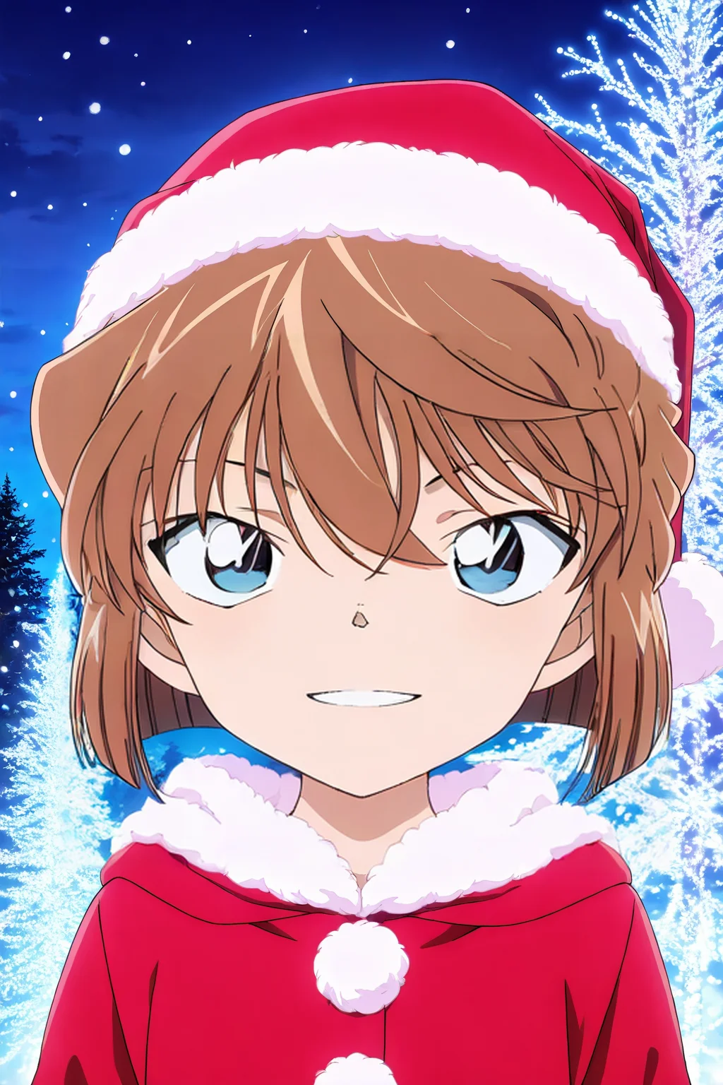 front view,
1girl,looking at viewer,santa hat, santa costume, smile,
Best quality,masterpiece,soft light,official art,high quality,highres,absurdres,epic scene,natural textures,<lora:Haibara Ai IL V2:1>,haibara ai,short hair,brown hair,blue eyes,hair between eyes,female child,