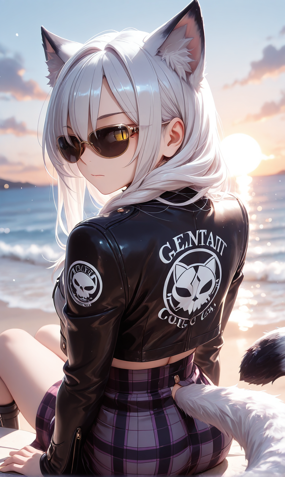 masterpiece,best quality,amazing quality,absurdres,catgirl, kemonomimi, mature woman, mid-20s, silver hair, waist-length hair, lavender undertones, golden eyes, slit pupils, ash-gray cat ears, medium cattail, pale skin, soft glow, confident expression, elegant, fantasy style,small breasts,no human ears, ears behind hair, visible choker with cat bell, BREAK, , , long silver hair flowing down her back, ash-gray cat ears peeking through, long fluffy tail in view, soft confident posture, mature body shape, small bust, golden eyes looking over shoulder, kemonomimi, elegant style
, BREAK, Cropped leather jacket over a graphic tee and plaid skirt, with chunky boots and one hand adjusting dark sunglasses,from behind, looking over shoulder,
 <lora:cfg_scale_boost:1> <lora:add_detail:1>  a secluded beach at sunset, :|,