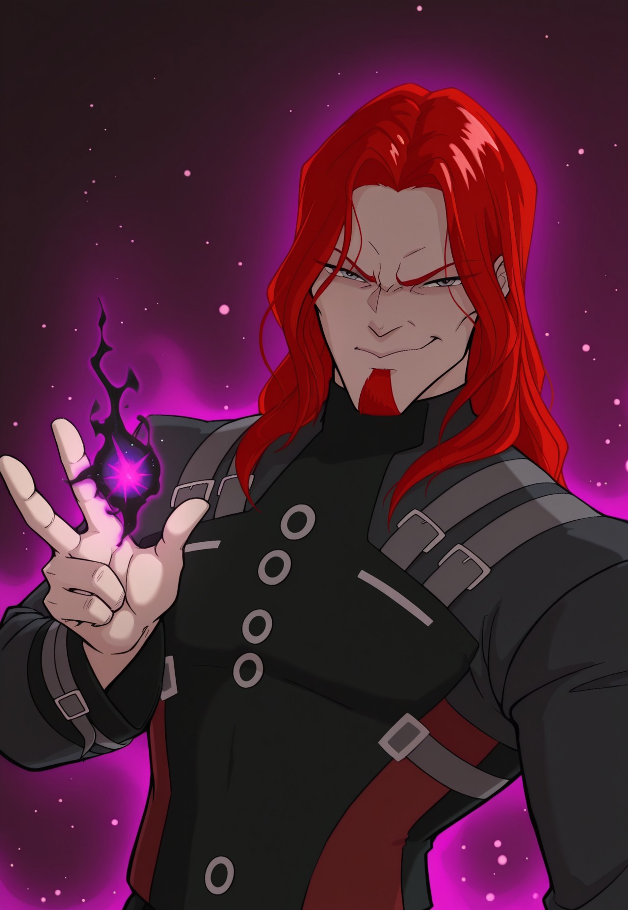solo, masterpiece, modern, new, 1boy, male, masculine face, daddy looking face, w0lfc0nf

WinxOgron, red hair, long hair, goatee, black uniform, dark magic, using magic