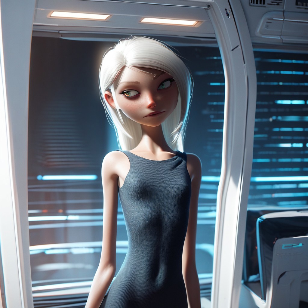 score_9, score_8_up, score_7_up, score_6_up, score_5_up, score_4_up, rating_questionable, source_cartoon, 1girl, mi_rage, very skinny, dress, futuristic room, white hair