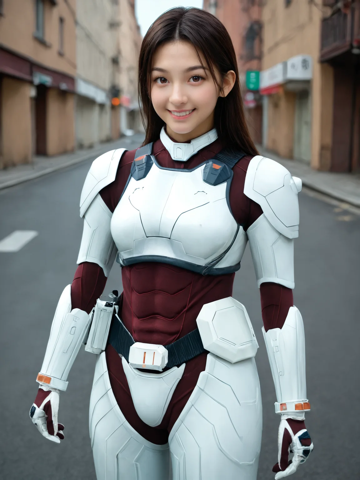 score_9, score_8_up, score_7_up, <lora:offset_0.2:0.1>, <lora:spo_sdxl_10ep_4k-data_lora_webui:1>, BREAK,
1girl, solo, BREAK,
terraformarsmoviebodysuit, armored bodysuit, black bodysuit, white armor, boobplate, shoulder pads, wrist guards, black gloves, white gloves, utility belt, belt pouch, hip armor, crotch plate, thigh armor, <lora:Terraformars:1>, BREAK,
smile, looking at viewer, BREAK,
outdoors, city, street