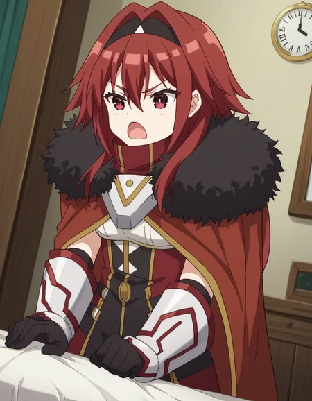 score_9, score_8_up, score_7_up, source_anime, <lora:bofuri-mii-s2-ponyxl-lora-nochekaiser:1>, mii, long hair, bangs, red eyes, hair between eyes, sidelocks, red hair, hairband, black hairband,, gloves, black gloves, cape, armor, fur trim, red cape,, bedroom, alarm clock, morning routine, yawning, stretching, on bed,, , , hand on waist, elbow down, foot on tiptoe, solo,, cowboy shot, dutch angle