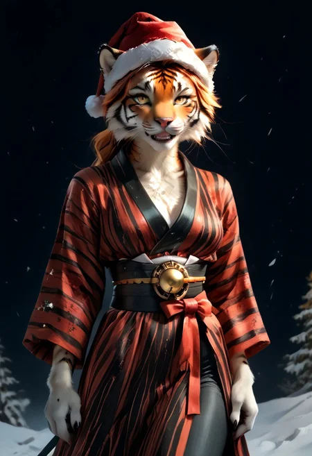 A female anthropomorphic tiger samurai, tight, green-and-red-striped Christmas Kimono covered in cartoonish snowmen and candy canes. A tattered Santa hat sits on her head, barely staying in place atop her fluffy tiger ears ears. Her yellow eyes burn with aggression, and her sharp tusks protrude the evil grin she gives the viewer. In her furry hands, she wields a blood-drenched katana, the blades stained with evidence of her previous battles. Despite the clear danger he poses, the ridiculousness of her festive attire contrasts sharply with her ferocious expression and the weapon, making her a comical yet intimidating presence
ffluffy_new_year, merry_furistmas, monochrome, glow, neon, asdfm3cha, highres, (realistic:1.4), perfect sharpness, female (animal furry), very silky detailed fur, tail, paw, animal ears, neg prompt: lowres, hairless skin, shiny skin, human skin, human girl