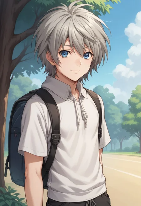 score_9, score_8_up, score_7_up, source_anime, highly detailed,
shiina, solo, blue eyes, male focus, 1boy, shorts, upper body, grey hair, standing, looking at viewer, blue eyes, shirt, smile, hoodie, hood, short sleeves, bag, backpack,
outdoor, sky, tree
