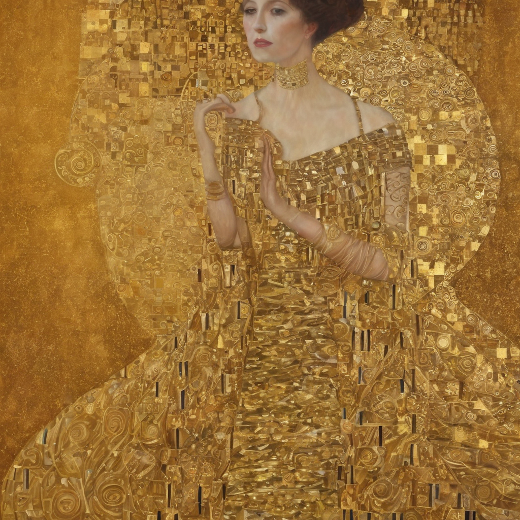 perfect skin <lora:kl1m:1.3>kl1m phse gold background, spirals, circles, squares, intricate patterns, shiny, decadent, woman in long golden dress