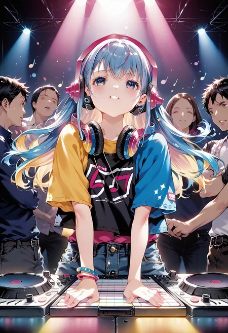 score_9, score_8_up, score_7_up, source_anime, solo, 1girl, MdoHP, Amai Liu, sensual, penetrating look, dominant, upper body, female dj, colorful clothes, quirky, vibrant appearance, playful accessories, creative, imaginative, sensual, spontaneous, DJ headphones, mixing console, music club, nightclub, independent theaters, people dancing on the dance floor, underground nightclub, high quality, skin texture, intricate details, (cinematic lighting), photo RAW, 8k