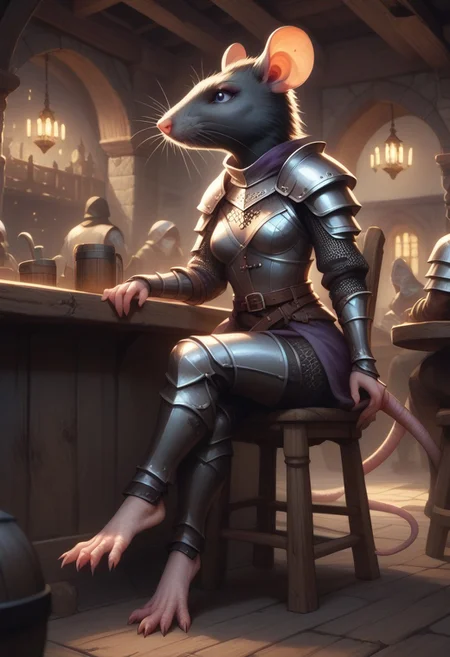 score_9, score_8_up, score_7_up, score_6_up, 1girl, hi_res, rat, rat tail, Skaven, detailed face, highly detailed, one tail, rat anthro, Cartoon, detailed background, slim, medium breasts, big eyes, 4fingers, 4k, ultra detailed, focus eyes, long rat legs, beautiful legs, smirkling, (medieval village:1.4), tavern, inside, sitting on wooden chair, crossed legs, seductive smile, knight armor, female knight armor, full knight armor, helmet. full body view, front view, close view, hands on knees