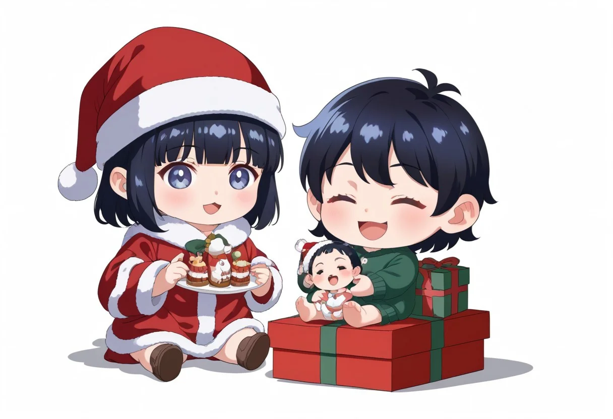 chibi solo, 1girl, medium black hair fluffy blue hanfu, wide long sleeves white hanfu, funny, chibi sitting, infant, toddler,
Fat chibi open christmas gifts, medium, baby, infant, toddler,
 Santa hat, opened mouth, smile, giggled, white background, christmas party, chibi, chibi, infant, force side view, force from side,