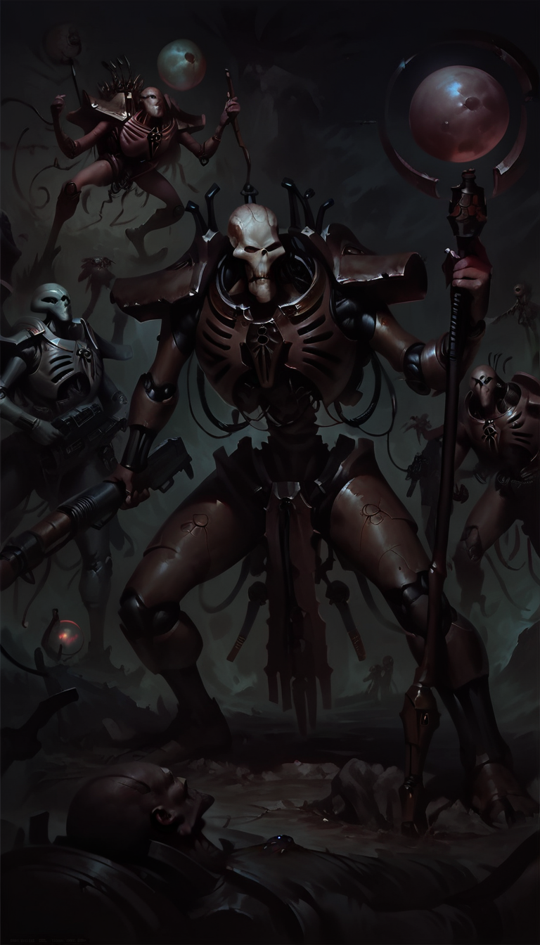 score_9, score_8_up, score_7_up, necron, cable, staff, wh40k, necron, realistic, weapon, gun, holding, power suit, alien, orb, battle, holding weapon
from above,
 <lora:Necron_race_WH40K:1> 
 <lora:Concept Art DarkSide Style LoRA_Pony XL v6:1> concept art, realistic, dark theme, low light,