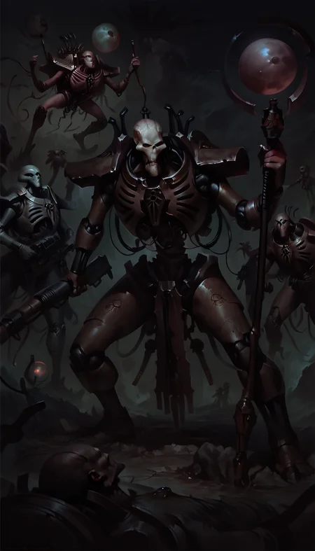 score_9, score_8_up, score_7_up, necron, cable, staff, wh40k, necron, realistic, weapon, gun, holding, power suit, alien, orb, battle, holding weapon
from above,
 <lora:Necron_race_WH40K:1> 
 <lora:Concept Art DarkSide Style LoRA_Pony XL v6:1> concept art, realistic, dark theme, low light,