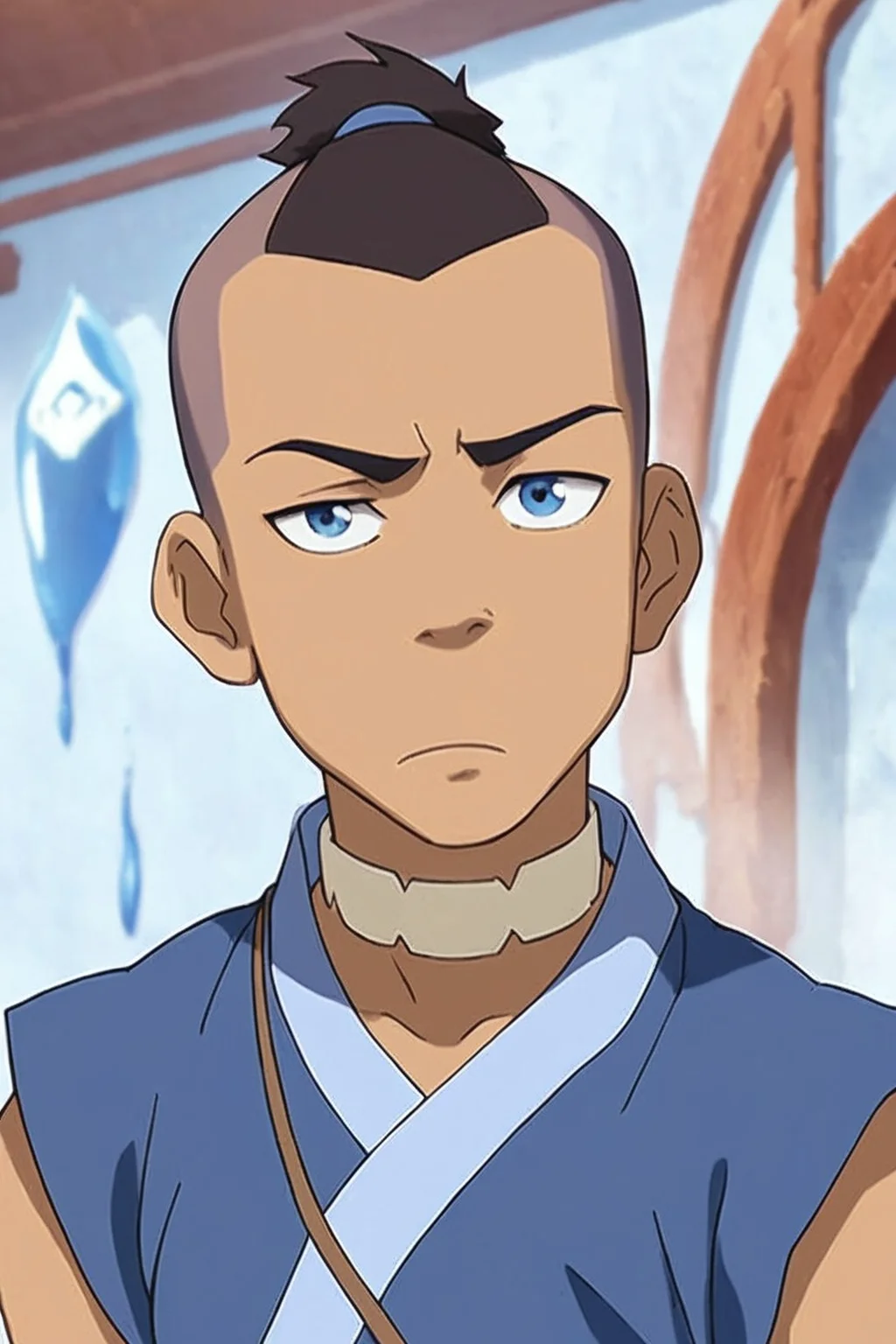score_9, score_8_up, score_7_up, <lora:sokka:0.8>, 1boy, solo, sokka, brown hair, short hair, blue eyes, water nation clothing, undercut, topknot, looking at the viewer, frown, official art, official style,