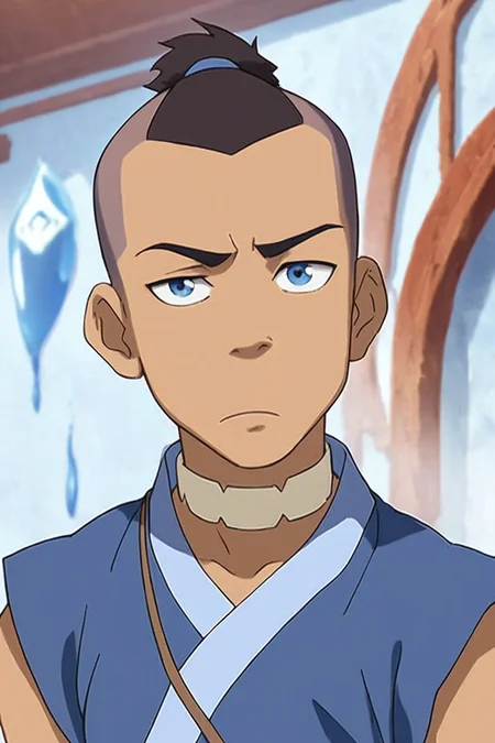 score_9, score_8_up, score_7_up, <lora:sokka:0.8>, 1boy, solo, sokka, brown hair, short hair, blue eyes, water nation clothing, undercut, topknot, looking at the viewer, frown, official art, official style,