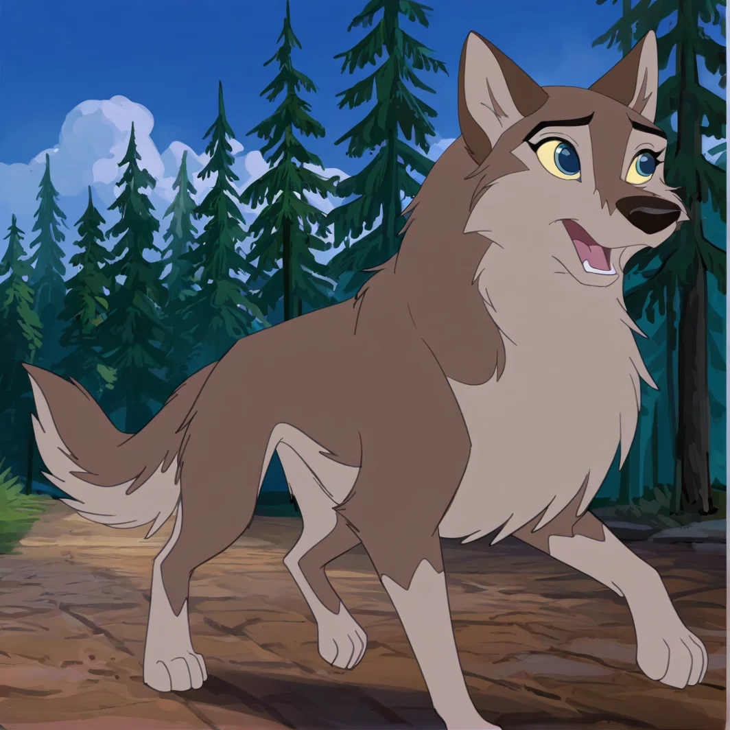 <lora:aleuillustrious:1>, (masterpiece), (best quality), (ultra-detailed), amazing quality, very aesthetic, illustration, perfect composition, intricate details, absurdres, incredibly absurdres, aleu, open mouth, blue eyes, outdoors, sky, day, blue sky, no humans, colored sclera, dog, animal focus, animalization, 1girl, wolf, animal, body fur, two tone fur, yellow sclera, full body, running, trees,