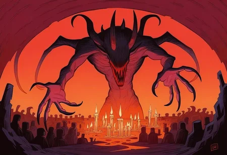 score_9, score_8_up, score_7_up, 1girl,d4rkv1b3, 1 girl,dark purple hair,long bob cut hair,bangs covering eyes,big mouth,long tilted up ears,scaled skin,clawed hands,closed mouth,single demon horn,dark red skin,(holding large doublebass),standing,(holding a bow),volcanic mansion,demonic vibes,candles illuminating the room,acolytes crowd,close up,