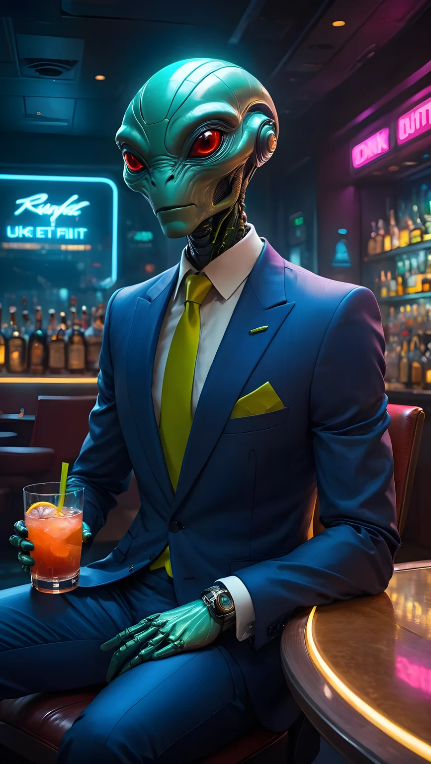 suit, tie, bar, interior, extraterrestrial, humanoid, elegant, seated, drink, futuristic, nightlife, urban, cocktail, neon lights, masterpiece, best quality, highly detailed, sharp focus, dynamic lighting, vivid colors, texture detail, particle effects, storytelling elements, narrative flair, 16k, UE5, HDR, subject-background isolation