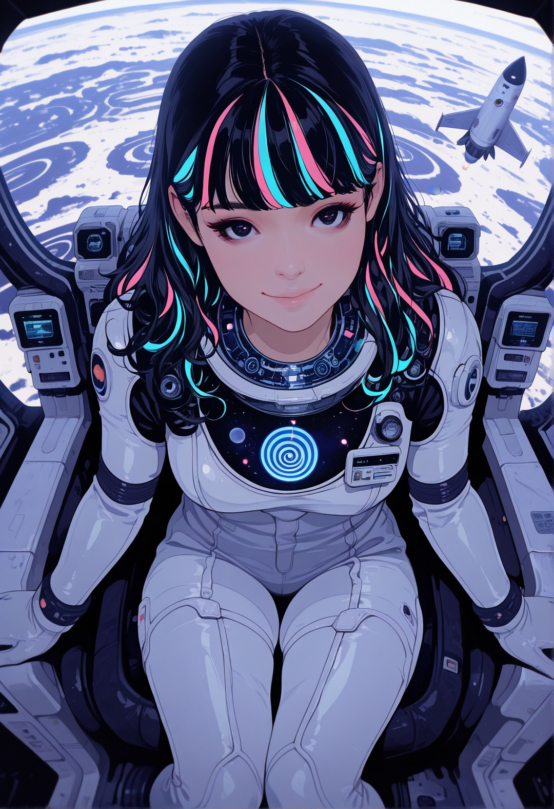 masterpiece, best quality, good quality, very aesthetic, absurdres, newest, 8K, depth of field, focused subject, realistic, from front, from above, 1girl, sci-fi, sitting atop space rocket, white space rocket, smile, sexy space suit, swirl, neon hair, long hair, dynamic angle, 
,in the style of cksc,
 <lora:ck-shadow-circuit-IL:1>