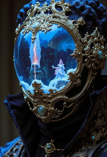 extrem headpiece closeup, Color graded in translucent Neon Pink, Blue, and Green hues, cinematic lighting, insane details, hyperrealistic extreme close-up macro photography, 64-megapixel DSLR. A close-up of a person with a snow globe as their head. Inside the snow globe is a winter wonderland, but there's a dystopian twist to it. The snowy landscape is bleak, with dark, twisted trees and frosty, decaying structures. The snow falls softly, but there's a sense of isolation and despair. The glow from within the snow globe casts eerie, cold light on the person’s face, contrasting with the harsh, desolate world inside the globe. The person’s expression is serene but detached, as if they are trapped within this frozen, dystopian world.
A tall, enigmatic figure stands amidst the ruins of a forgotten temple, their head encased in a cracked, with a staff full of crystals, the crystals are round translucent black-red, translucent sphere filled with suspended golden liquid and glowing symbols. Their high collar cloak, a mix of coarse burlap and torn silk, sways slightly as if touched by an unseen wind. Light filters through broken arches, casting dramatic shadows across the moss-covered stone. Vintage
Ornate
Victorian
Edwardian
Intricate
Lace
Blue
Mask
Otherworldly
Headpiece
Opulent
Pearls
Celestial
Surreal
Baroque
Reflective
Dreamlike
Clouds
Mirror
Metallic
Waves
historical