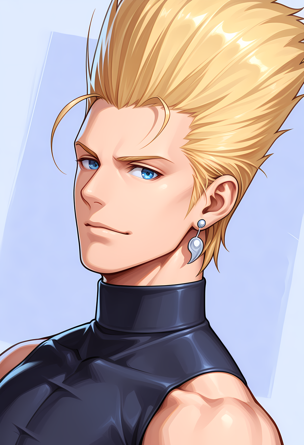 masterpiece, best quality, amazing quality, dutch angle, abstract background, BREAK
1boy, solo, male focus, kof_benimaru, blonde hair, hair up, blue eyes, earrings, crop top turtleneck, face focus, BREAK
<lora:cfg_scale_boost:.6>  <lora:Benimaru_Nikaido_-_The_King_of_Fighters_-_ILXL:1>