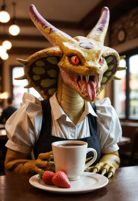 <lora:venomancer_v1:0.8>
venomancer_v1,
pokemon (creature), no humans, monster, duel monster,
dragon, snake,
fangs,spikes, claws, horns, tail,
red eyes, glowing eyes,
teeth, tongue, sharp teeth,, score_9, score_8_up, score_7_up, score_6_up, derpibooru_p_95,
detailed eyes, beautiful, detailed background, perfect eyes,
solo,
cafe, cat cafe, maid cafe, too many cats, food, strawberry cake, coffee mug, plate,, holding a hamburguer, Upper body photo. is looking at viewer.
blur censor, blurry, blurry background, blurry foreground, bokeh, motion blur,
chromatic aberration, depth of field, figure, focused, focus
photography, realistic sun light and shadows, photorealism, UHD --ar 9:16 --style raw --stylize 700,