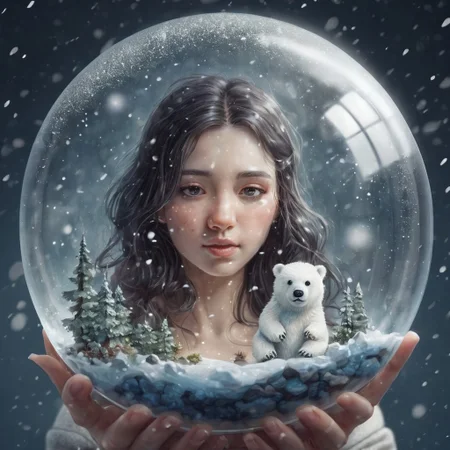 a cute woman is holding a small round glass terrarium containing a little polar bear with falling snow,
with drama,
ultra detailed lighting,
Watercolor,
trending on artstation,
sharp focus,
studio photography,
complex details,
very detailed,
by Greg Rutkowski