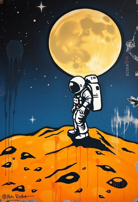 Graffiti art of an astronaut lonely on the moon, street art, spray paint, mural, high quality, highres