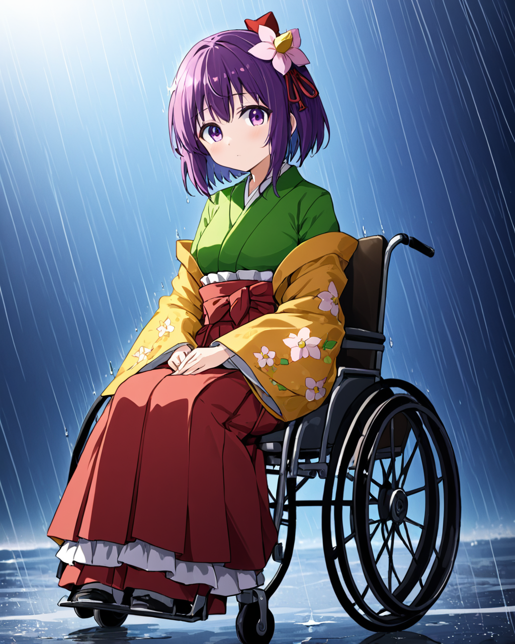 hieda no akyuu,rain, hair_flower, 1girl, wheelchair, kimono, hakama_skirt, sitting, solo, red_skirt, long_sleeves, floral_print, wet, wide_sleeves, wheel, red_hakama
<lora:hieda_no_akyuu_image926_2023-12-20:1>,star-shaped_pupils,symbol-shaped_pupils,. gorgeous,key visual, vibrant, studio anime,award-winning, professional, highly detailed,high budget, cinemascope