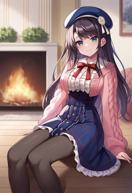 score_9, score_6_up, source_anime, 1girl, solo, sitting, living room, fireplace, subaru_casual, frilled shirt, red bowtie, high-waist skirt, frills, pink sweater, blue beret, long hair, white ribbon, pantyhose, light smile <lora:shubashubaXL-05:1>