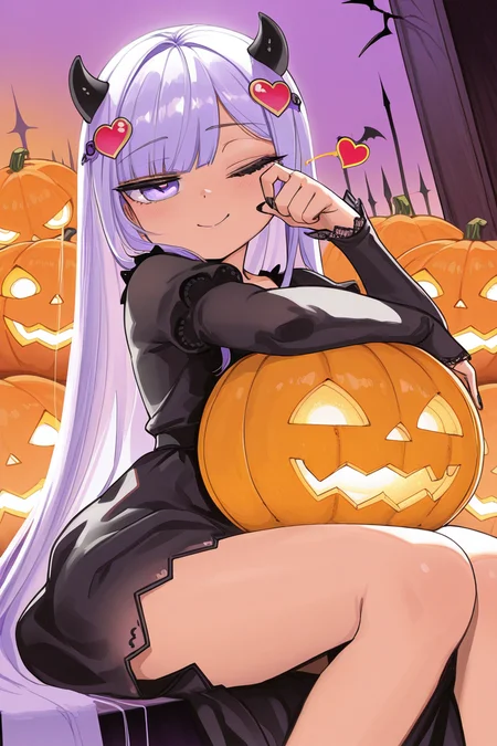 masterpiece, best quality, amazing quality,
<lora:Syalis_IL:1> syalis, 1girl, jack-o'-lantern, solo, horns, pumpkin, dress, one eye closed, smile, purple eyes, black dress, halloween, heart, heart hair ornament, hair ornament, purple long hair, sitting, black nails