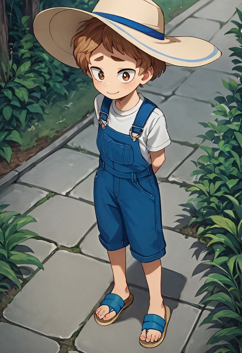score_9, score_8_up, score_7_up, source_anime, highly detailed, cute boy, 1boy, solo, young, katsuma, sun hat, curly hair, light brown hair, brown eyes, white t-shirt, knee length overalls, hands behind back, shy smile, sandals, looking at viewer, avoiding eye contact, looking down