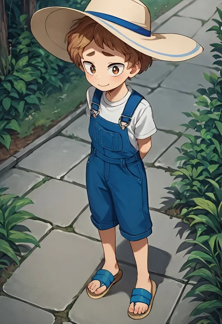 score_9, score_8_up, score_7_up, source_anime, highly detailed, cute boy, 1boy, solo, young, katsuma, sun hat, curly hair, light brown hair, brown eyes, white t-shirt, knee length overalls, hands behind back, shy smile, sandals, looking at viewer, avoiding eye contact, looking down