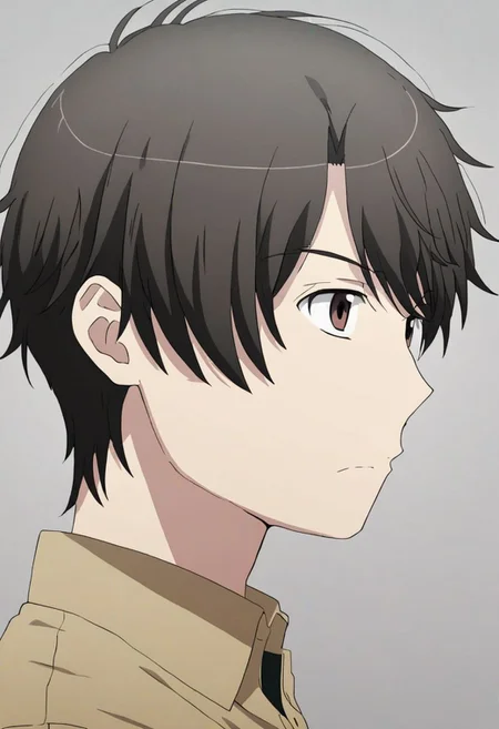 high resolution, solo, best quality, 1Boy, Inaho Kaizuka, Black Hair, Brown Eyes, potrait, dark shirt, looking at viewer, focused gaze forward, simple background, straight body, upper body, head upright, guilt, OverallDetail